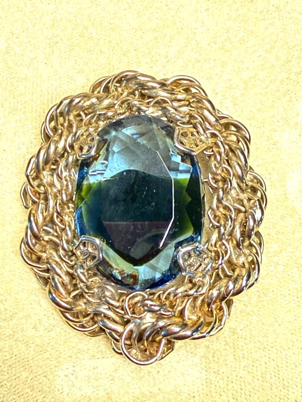 Vintage Gold-Tone Brooch With Faceted Blue Glass Stone & Chain Detail Dual Use